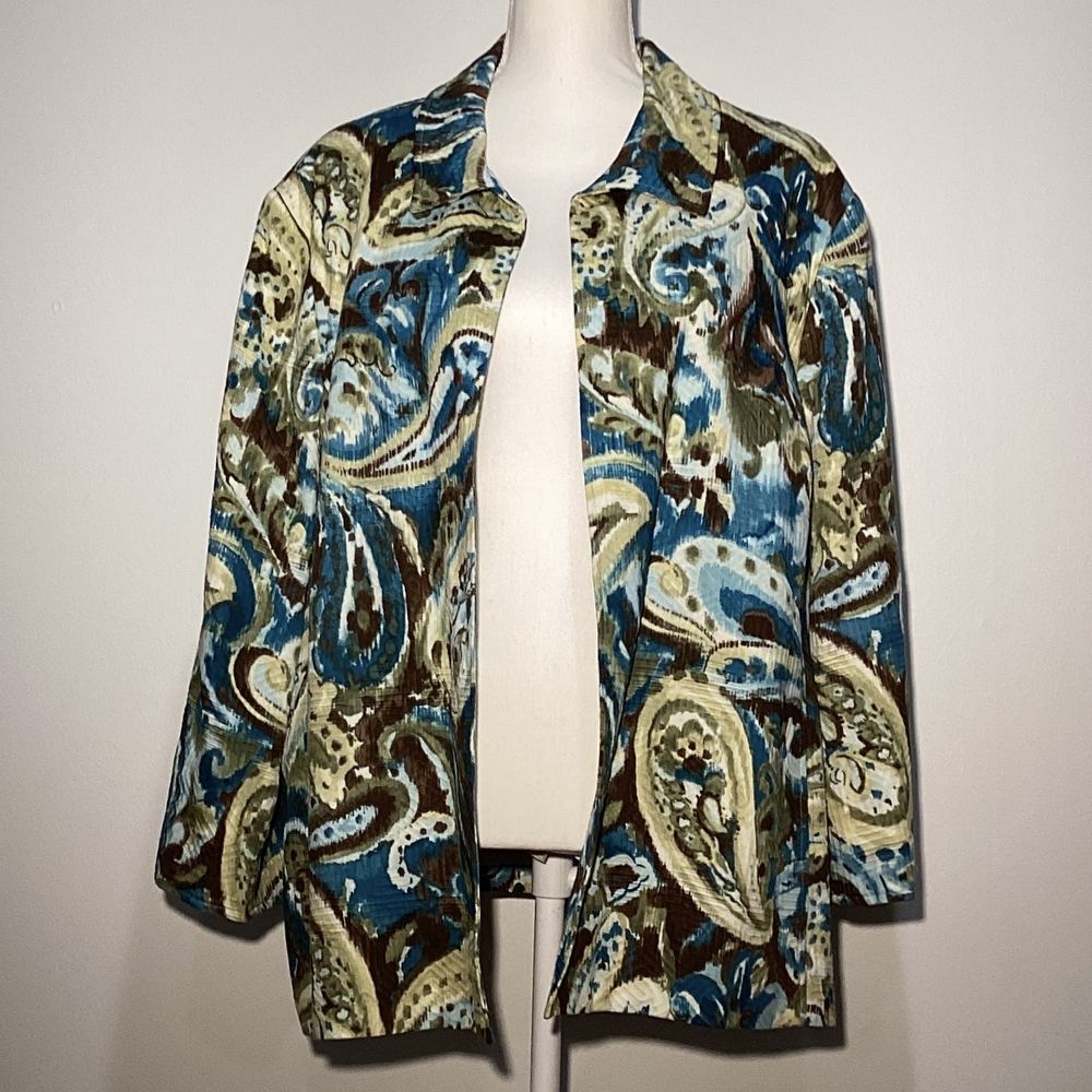 Alfred Dunner Teal Brown Cream Paisley Open-Front Jacket